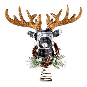 Plaid Deer Head Country Christmas Tree Topper 11.5" Black & White Holiday Decor